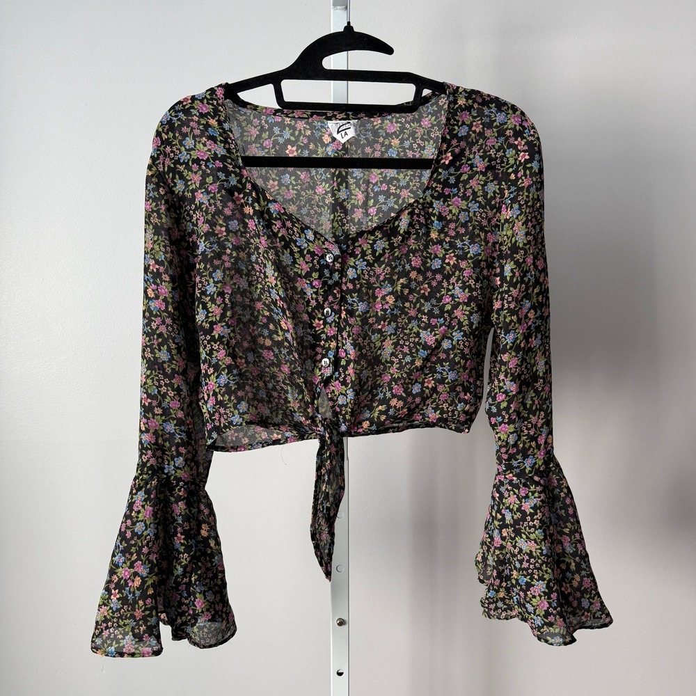 2 Much LA Small Black Floral Tie Front Crop Top Bell Sleeve Boho Blouse